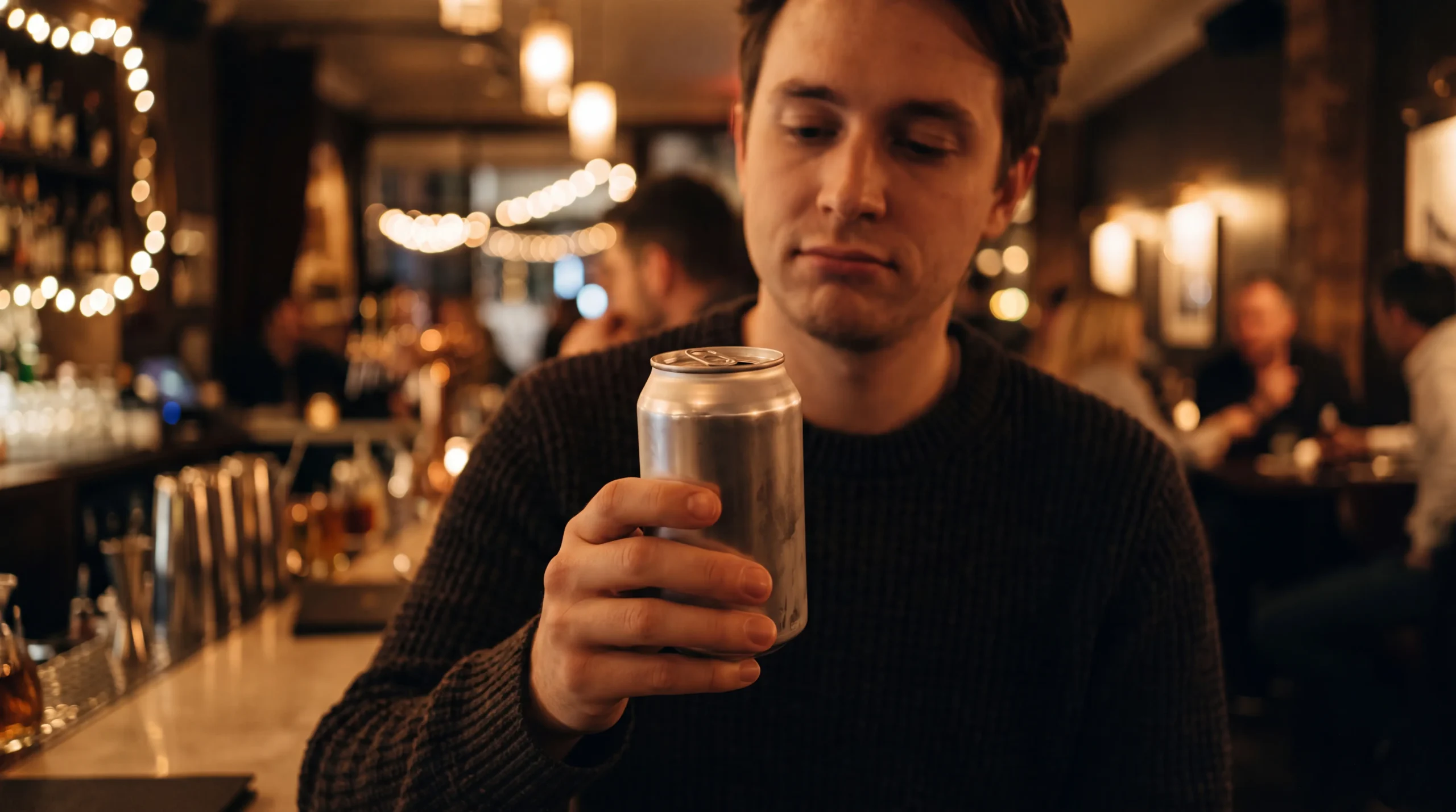 Holding a plain functional drink in a dim bar, looking underwhelmed