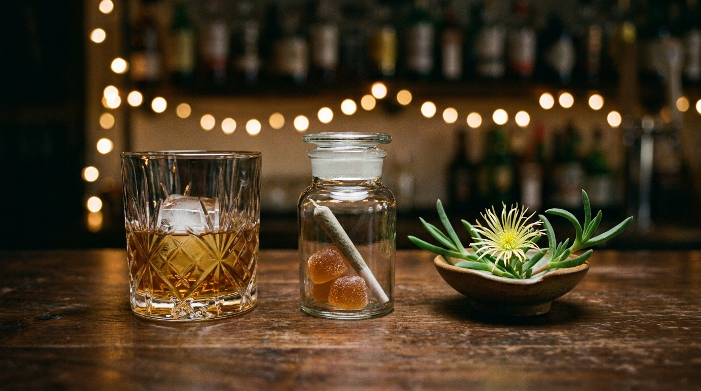 Three ways to change a Friday: whiskey, cannabis, and kanna side by side on a bar