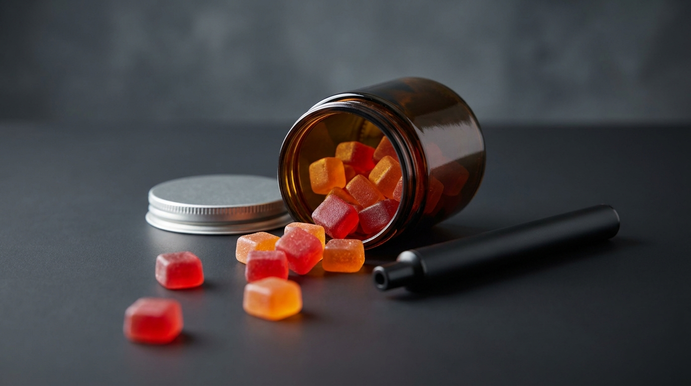 High-potency cannabis gummies spilling from a jar